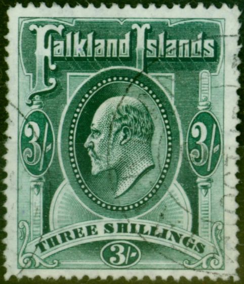 Valuable Postage Stamp Falkland Islands 1904 3s Green SG49 V.F.U