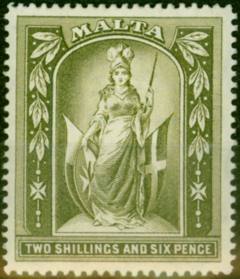 Rare Postage Stamp from Malta 1920 2s6d Olive-Grey SG87a Fine Very Lightly Mtd Mint