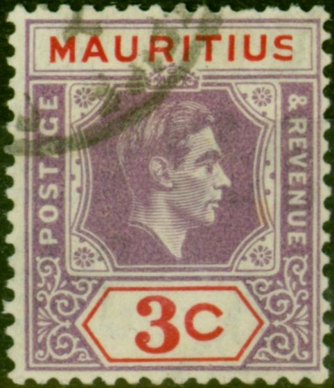 Valuable Postage Stamp from Mauritius 1938 3c Reddish Purple & Scarlet SG253a 'Sliced S' at Right V.F.U