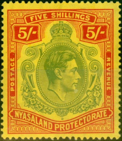 Old Postage Stamp from Nyasaland 1938 5s Pale Green & Red-Yellow SG141 Fine Mtd Mint