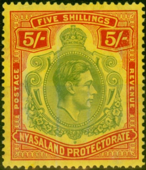 Old Postage Stamp Nyasaland 1944 5s Green & Red Pale Yellow SG141a Ordin Paper Fine MM