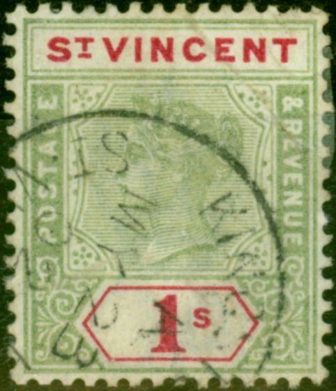 Rare Postage Stamp from St Vincent 1899 1s Green & Carmine SG74 Average Used