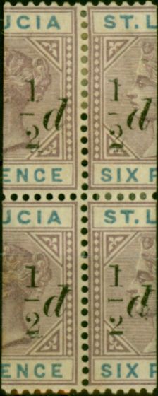 Old Postage Stamp St Lucia 1891 1/2d on Half 6d Dull Mauve & Blue SG54 Fine MM Block of 4