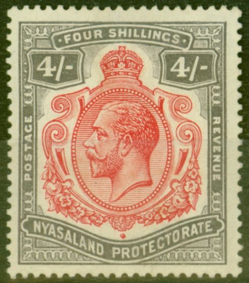 Old Postage Stamp from Nyasaland 1913 4s Carmine & Black SG95 Fine MNH