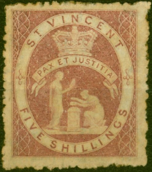 Old Postage Stamp from St Vincent 1880 5s Rose-Red SG32 Good Mtd Mint Royal Certificate