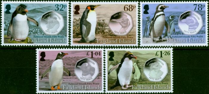Falkland Islands 2020 Penguins & Coins Set of 5 V.F MNH. Queen Elizabeth II (1952-2022) Mint Stamps