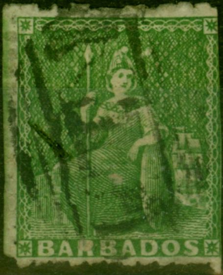 Old Postage Stamp Barbados 1860 (1/2d) Yellow-Green SG16 Pin-Perf 12.5 Good Used CV £650