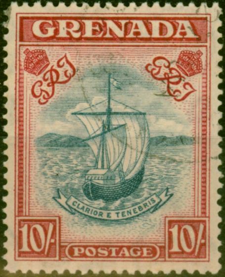 Old Postage Stamp from Grenada 1943 10s Slate-Blue & Brt Carmine SG163b P.14 Narrow V.F.U