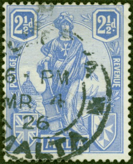 Old Postage Stamp from Malta 1926 2 1/2d Ultramarine SG129 Fine Used