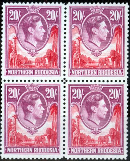 Old Postage Stamp from Northern Rhodesia 1938 20s Carmine-Red & Rose Purple SG45 Superb MNH Block of 4