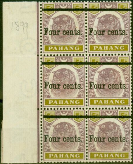 Valuable Postage Stamp from Pahang 1899 4c on 5c Dull Purple & Olive-Yellow SG28 Good MNH Block of 6