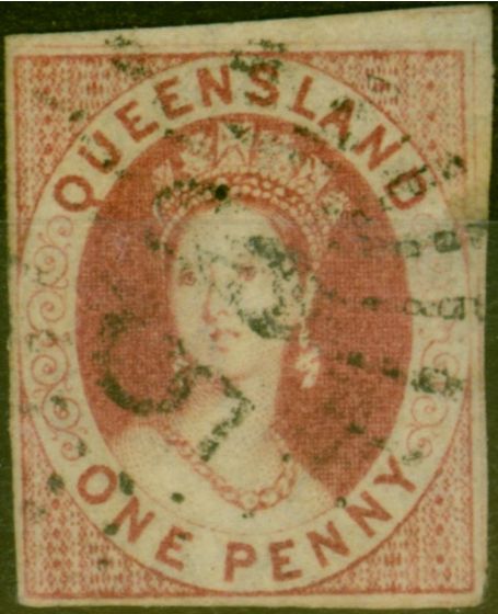 Valuable Postage Stamp Queensland 1860 1d Carmine-Rose SG1 Fine Used Example with 4 Margins