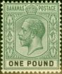 Rare Postage Stamp from Bahamas 1912 £1 Grey-Green & Black SG89 V.F & Fresh Very Lightly Mtd Mint