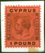 Rare Postage Stamp from Cyprus 1924 £1 Purple & Black-Red SG102 Superb Neatly Used on Small Piece
