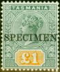 Old Postage Stamp from Tasmania 1897 £1 Green & Yellow Specimen SG225s V.F Very Lightly Mtd Mint