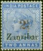 Rare Postage Stamp from Zanzibar 1896 2 1/2 on 2a Dull Blue SG40e Inverted q for b & Small 2nd Z Fine & Fresh Unused