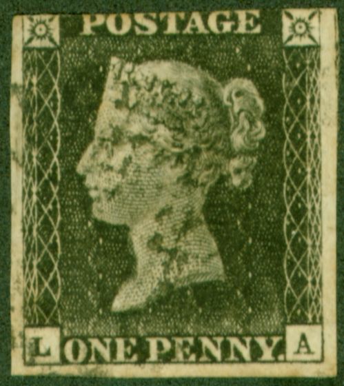 Collectible Postage Stamp GB 1840 1d Grey-Black Worn Plate SG3 Pl 5 (L-A) Fine Used 3 Margins
