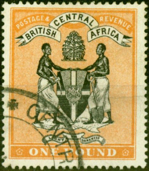 Collectible Postage Stamp from B.C.A Nyasaland 1895 £1 Black & Yellow-Orange SG29 Fine Used Fiscal Cancel