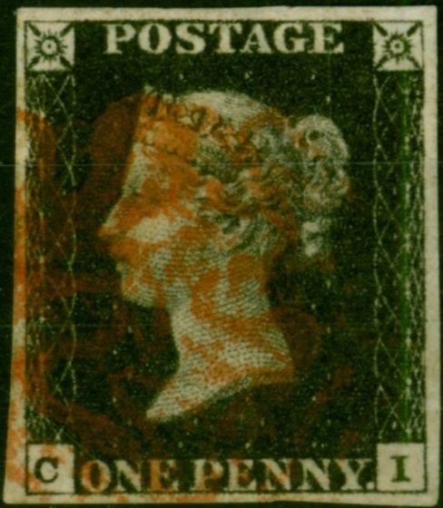 GB 1840 1d Penny Black SG2 Pl. 5 (C-I) Fine Used 4 Neat Even Margins Red MX . Queen Victoria (1840-1901) Used Stamps