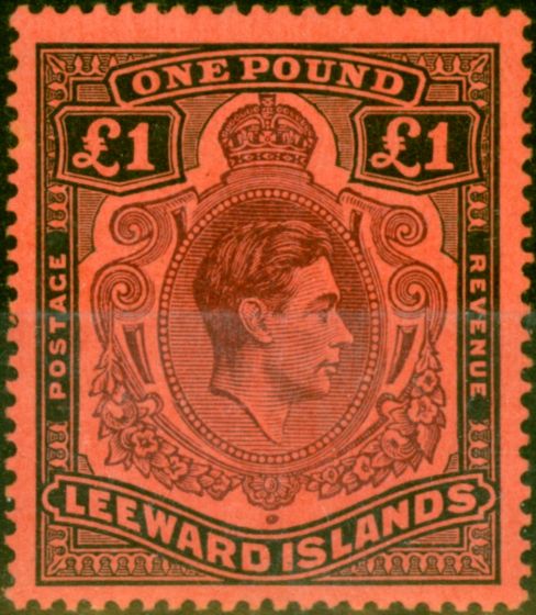 Old Postage Stamp from Leeward Islands 1945 £1 Brown-Purple & Black-Salmon SG114b Very Fine MNH