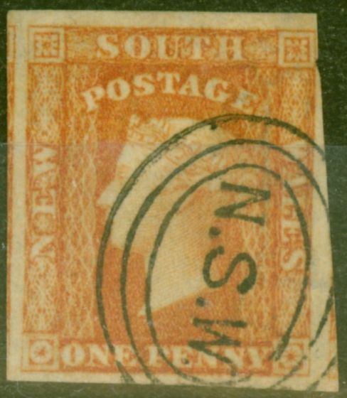 Rare Postage Stamp from N.S.W 1856 1d Orange-Vermillion SG107 Fine Used