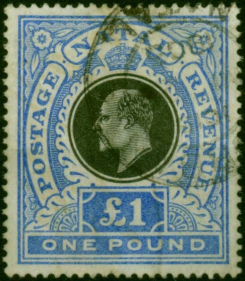 Natal 1902 £1 Black & Bright Blue SG142 Good Used Cleaned Fiscal Forged Cancel  King Edward VII (1902-1910) Collectible Stamps