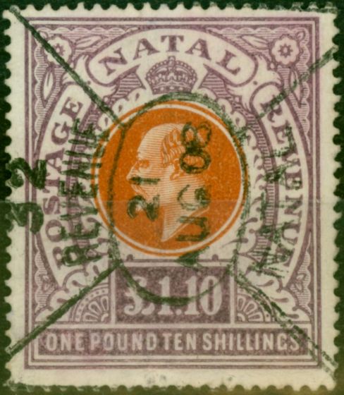 Rare Postage Stamp Natal 1908 £1 10s Brown-Orange & Deep Purple SG162 Fine Used Fiscal Cancel