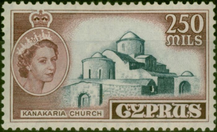 Collectible Postage Stamp Cyprus 1955 250m Deep Grey-Blue & Brown SG185 Fine LMM