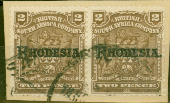 Valuable Postage Stamp from Rhodesia 1909 2d Brown SG102 Fine Used Pair on Small Piece
