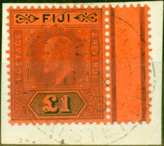 Rare Postage Stamp from Fiji 1912 £1 Purple & Black-Red SG124 Superb Used on Piece