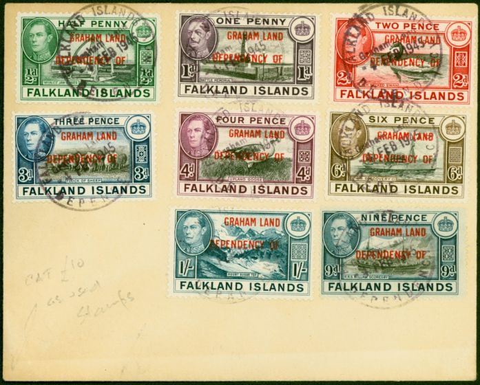 Valuable Postage Stamp Graham Land 1944 Set of 8 SGA1-A8 on Local Cover 'Port Stanley' Back Stamp