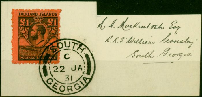 Falkland Islands 1929 £1 Black-Red SG126 Superb Used on Large Piece  King George V (1910-1936) Valuable Stamps