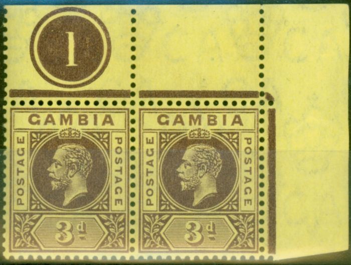 Valuable Postage Stamp from Gambia 1912 3d Purple-Yellow SG91 V.F MNH Pl 1 Pair