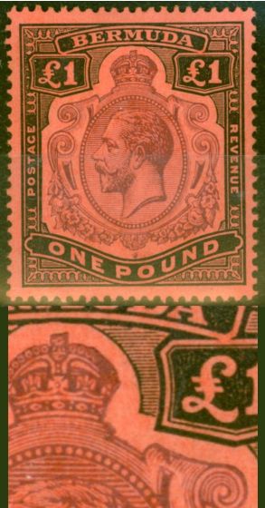 Collectible Postage Stamp from Bermuda 1918 £1 Purple & Black-Red SG55bvar Broken Crown & Scroll Repaired Rare