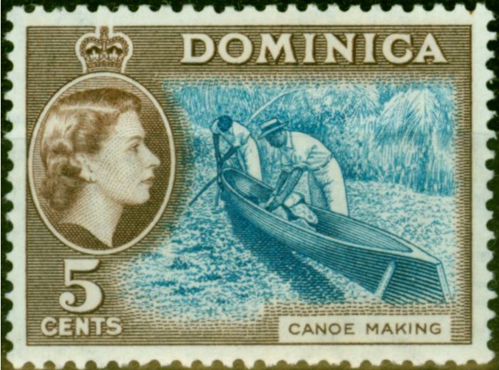 Old Postage Stamp from Dominica 1957 5c Lt Blue & Sepia Brown SG147 Fine Lightly Mtd Mint