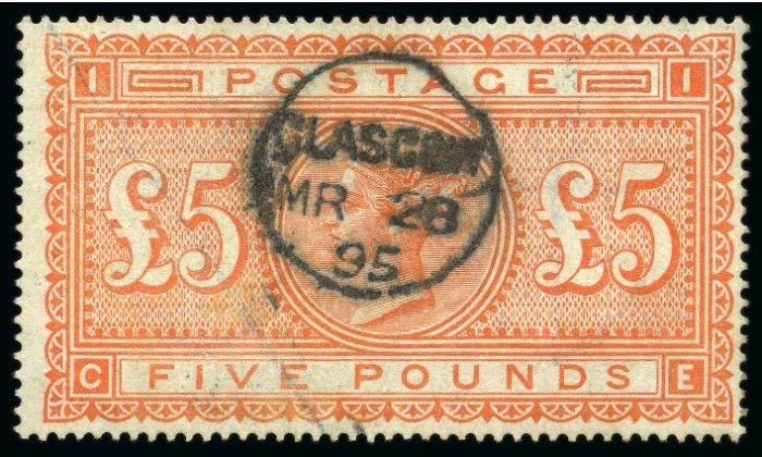 Rare Postage Stamp from GB 1882 £5 Orange SG137 Fine Used Example with upright GLASGOW MR 28 95 CDS