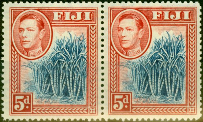 Old Postage Stamp from Fiji 1938 5d Blue & Scarlet SG258 Fine MNH Pair