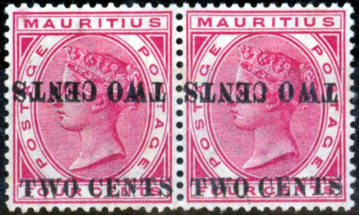 Rare Postage Stamp from Mauritius 1891 2c on 4c Carmine SG118c Surch Double One Inverted Fine Very Lightly Mtd Mint Pair BPA Certificate