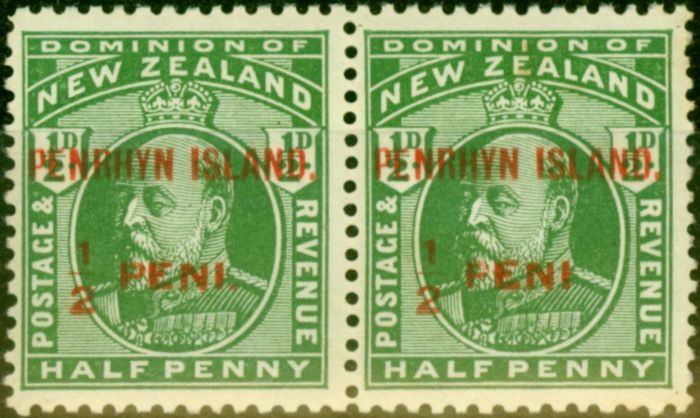 Rare Postage Stamp from Penrhyn Is 1917 1/2d Yellow-Green SG19b No Stop after Peni Fine LMM with Normal