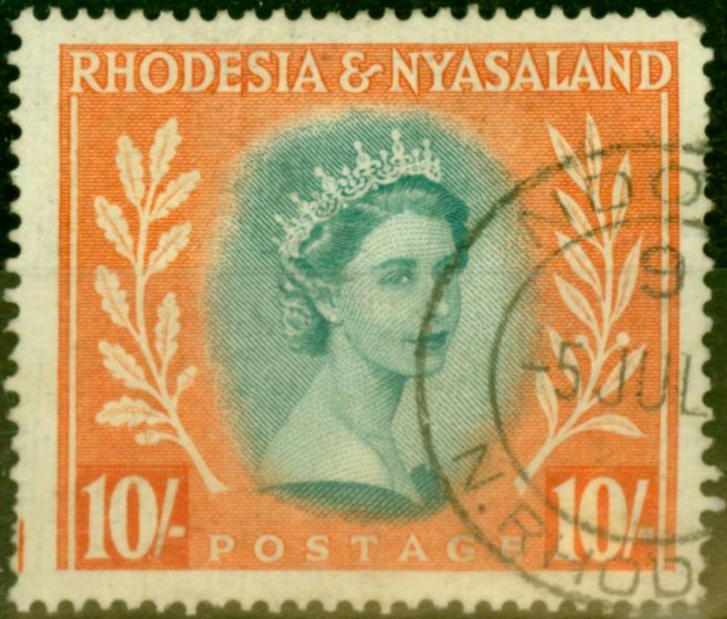 Rare Postage Stamp from Rhodesia & Nyasaland 1954 10s Dull Blue-Green & Orange SG14 Good Used