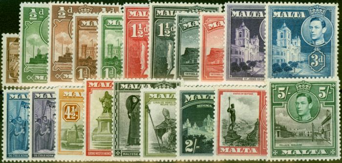 Valuable Postage Stamp Malta 1938-43 Set of 20 to 5s SG217-230 Fine LMM