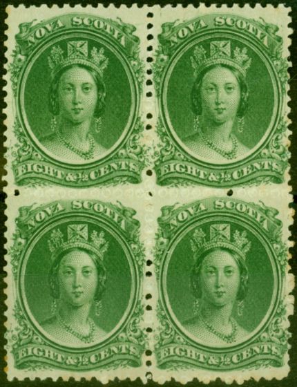 Valuable Postage Stamp from Nova Scotia 1860 8 1/2c Deep Green SG14 Fine Lightly Mtd Mint Block of 4