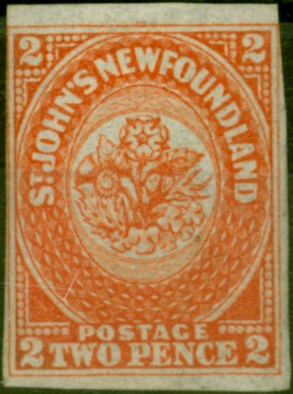 Rare Postage Stamp Newfoundland 1860 2d Orange-Vermilion SG10 Fine & Fresh LMM