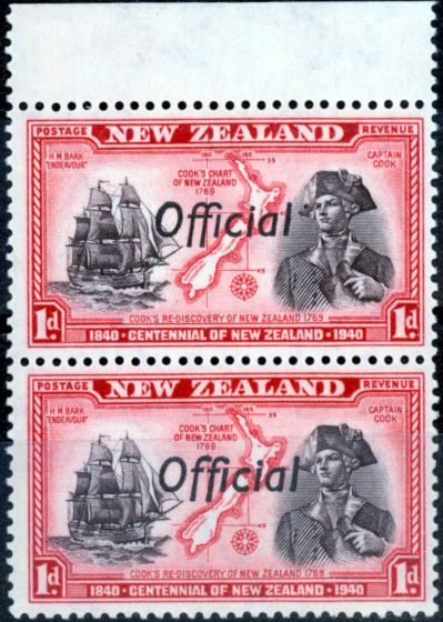 Old Postage Stamp from New Zealand 1940 1d Chocolate & Scarlet SG0142a FF Joined V.F MNH Pair with Normal