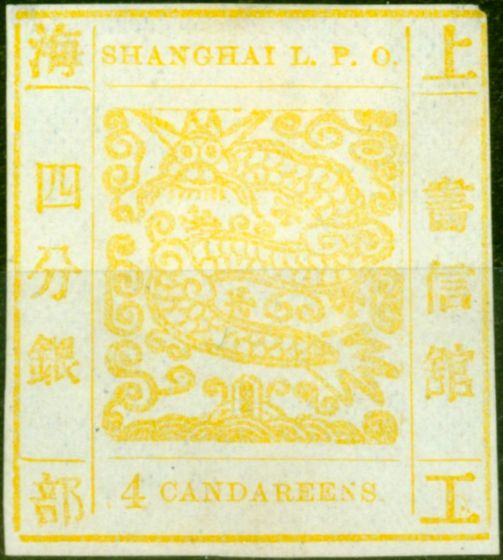 Collectible Postage Stamp from China Shanghai 1865 4ca Yellow  (III) Pelure Paper SG3a V.F & Fresh Unused Rare