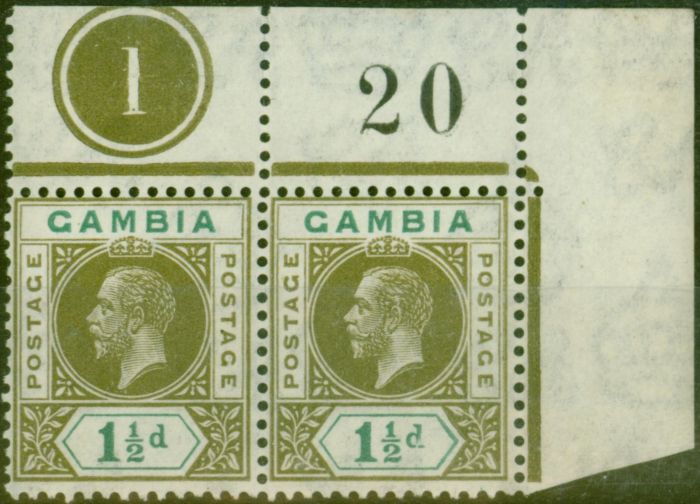 Old Postage Stamp from Gambia 1921 1 1/2d Olive-Green & Blue-Green SG110 V.F MNH Pl 1 Pair