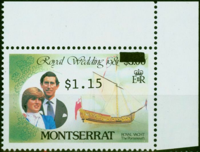 Old Postage Stamp Montserrat 1983 Royal Wedding $1.15 on $3 SG582var Surcharge on Wrong Value