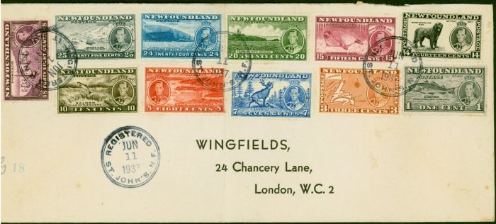 Rare Postage Stamp from Newfoundland 1937 Coronation Set of 11 SG257-267 Reg Cover to London