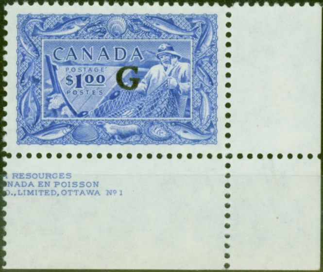 Collectible Postage Stamp from Canada 1951 $1 Ultramarine SG0192 V.F MNH Corner Marginal Part Imprint