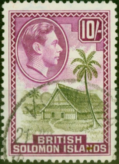 Old Postage Stamp British Solomon Islands 1942 10s Sage-Green & Magenta SG72 V.F.U